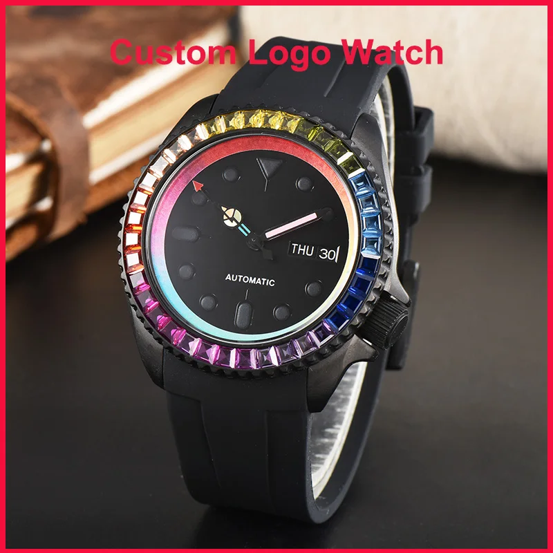 

42mm SKX007 Type Custom S Logo Watch For Men Colored Diamond Bezel Design NH36 Movement Waterproof Week Display WristWatches