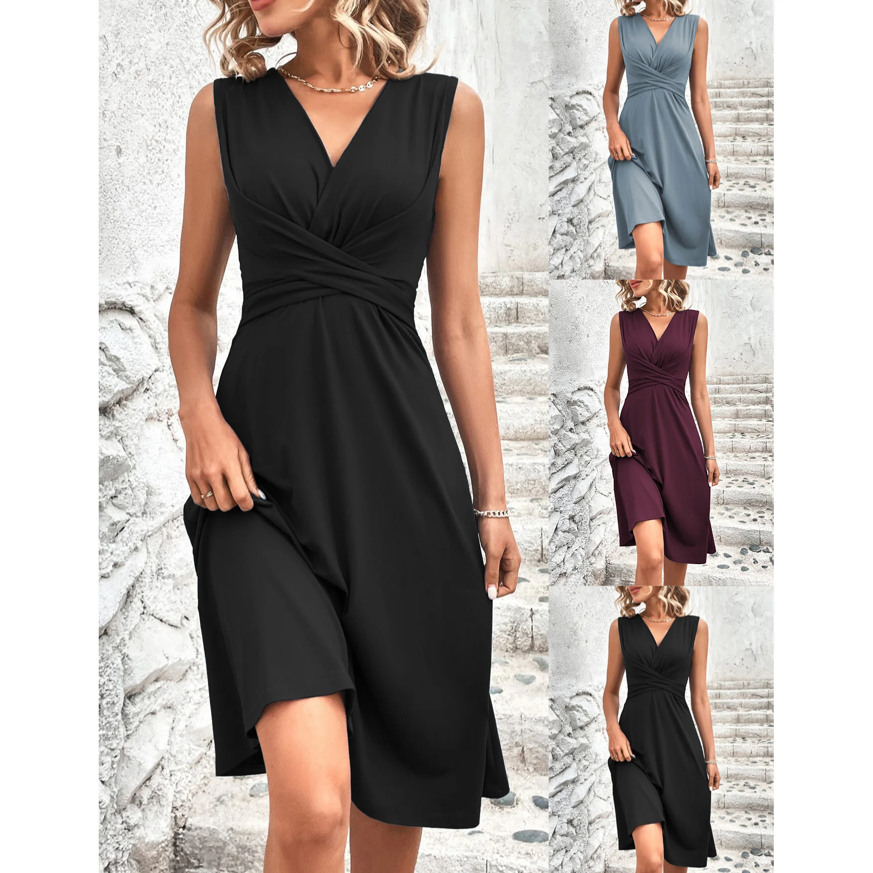 Elegantes Damen-Midikleid mit V-Ausschnitt und Wickeltaille, Ärmellos, Einfarbig, Lässiges Fließendes A-Linien Sommerkleid