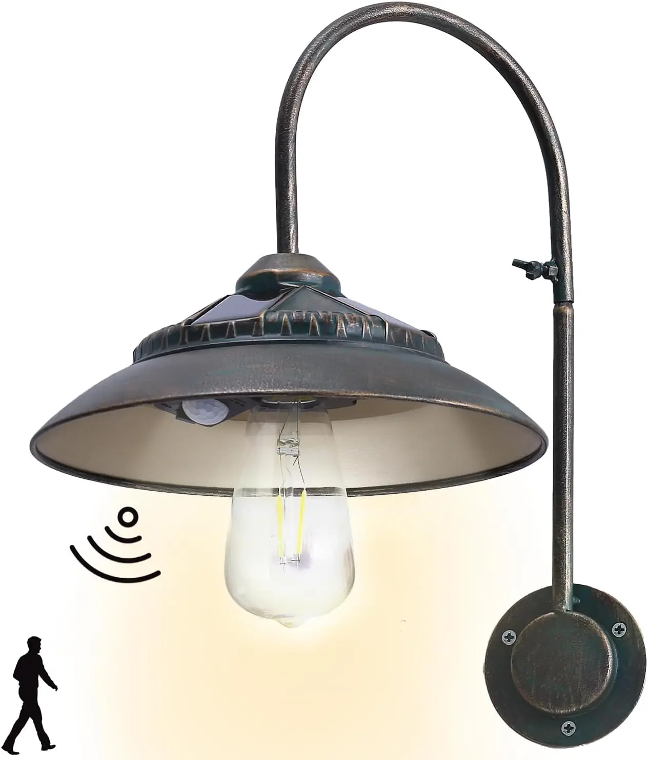 

Солнечные фонари на гибкой стойке, уличные водонепроницаемые - винтажный светильник для крыльца с датчиком движения, светодиодными лампочками из прозрачного стекла и 4 солнечных панелями (бронза)