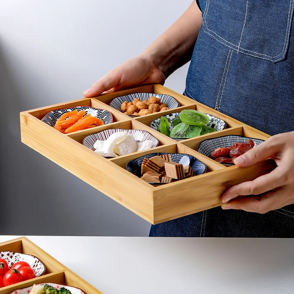 

Bamboo 6-Grid Snack Serving Tray Sturdy Food Plate for Home Restaurant Party Bamboo Food Display Tray for Fruits Desserts