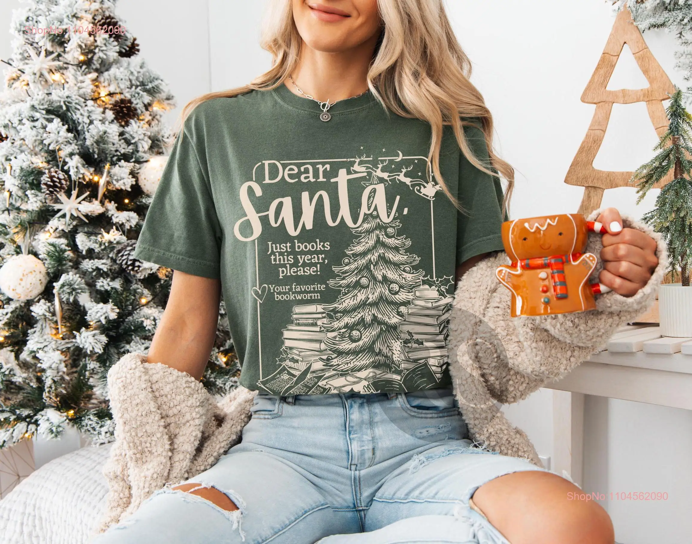 

Dear Santa Just Books This Year T Shirt for Reader Bookish Holiday Library North Pole Book Club Festive Christmas Bookworm