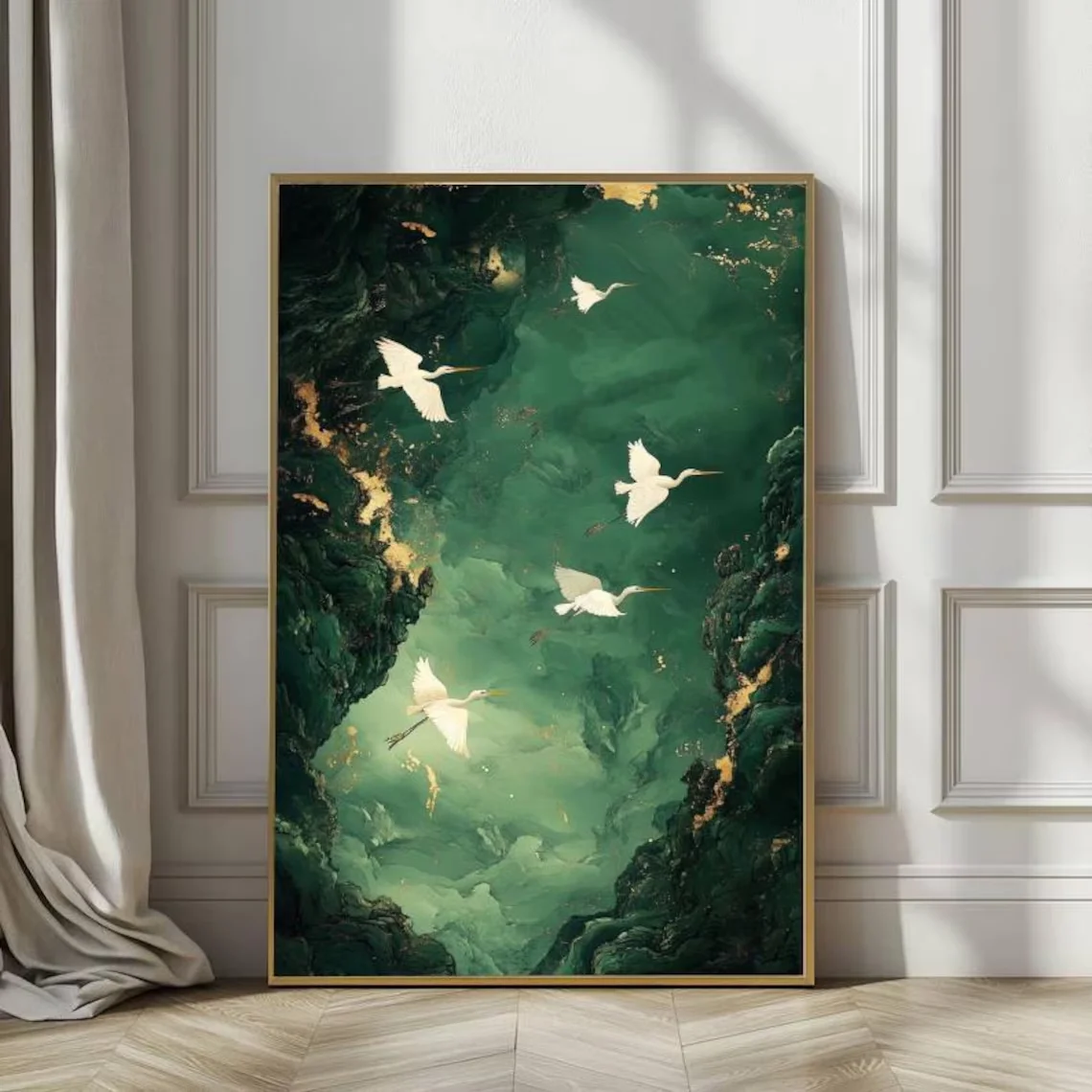 Emerald Green and Gold Wall Art, Flying White Herons Painting, Abstract Nature Canvas Print, Luxury Dark Green Decor, Large Fram