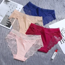 Women's Sexy Lace Panties Mid Waist Ice Silk Underwear Plus Size Transparent Seamless Briefs Hollow Out Mesh Panty Lingerie S-XL