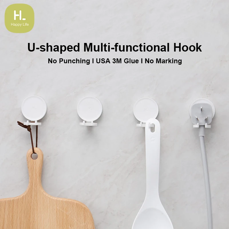 

3pcs Youpin U-shaped Happy Life Adhesive Wall Hook kit Bedroom Kitchen Bathroom Wall Hooks 3kg Max Load Up Hooks Set For Home