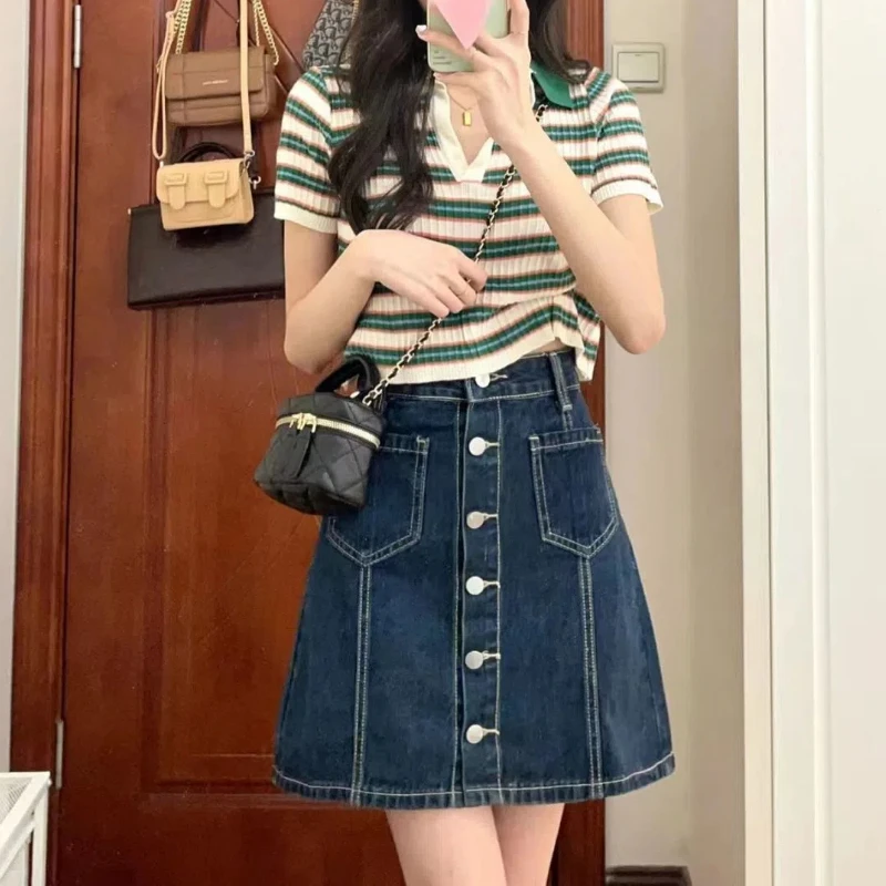 Coordinates Female Preppy Hottie Striped Knitted Short Sleeve Shirt Design Sense Women Denim Skirtsoffice Lady All-match