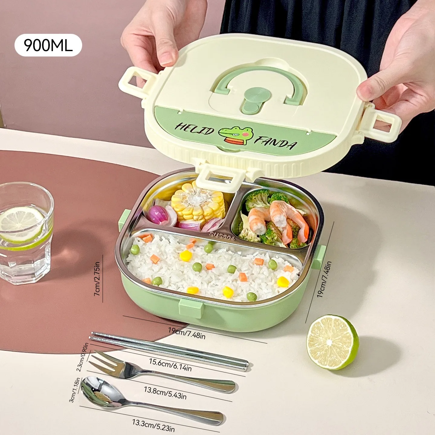 850/900ml 304 roestvrijstalen gedeelde bento box met bestek, magnetronbestendig, grote capaciteit, lekvrije lunchbox voor studenten en kinderen
