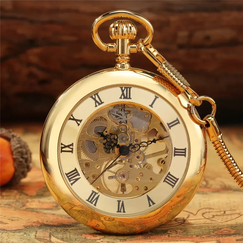 

Luxury Yellow Golden Bronze Case Skeleton Display Men Women Handwind Mechanical Pocket Watch Open Face Roman Numeral FOB Chain