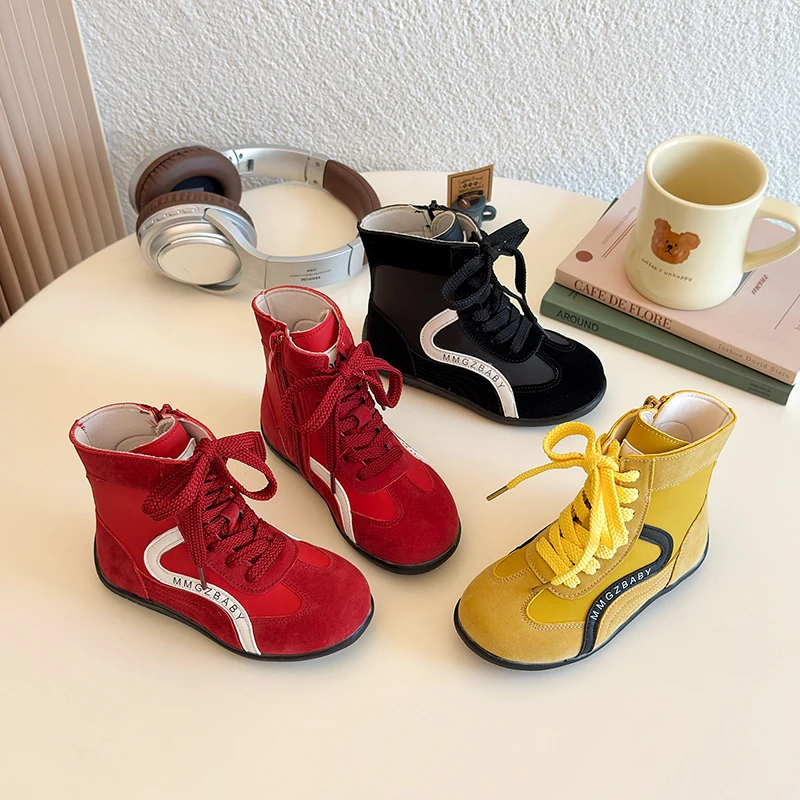 

Retro Design Girls Flat-bottomed Boxing Boots Spring and Autumn Fashion Sewing Design High-top Training Children's Sports Shoes