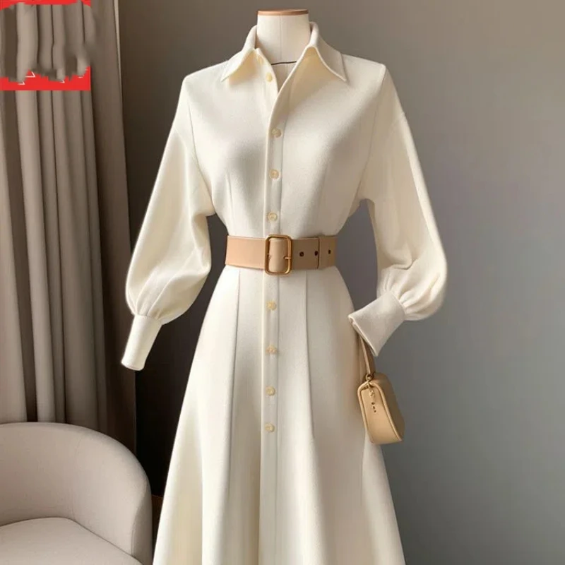 spring autumn new Solid color Turn-down Collar Long sleeve Midi dress women Button patchwork dresses elegant All-match Vestidos