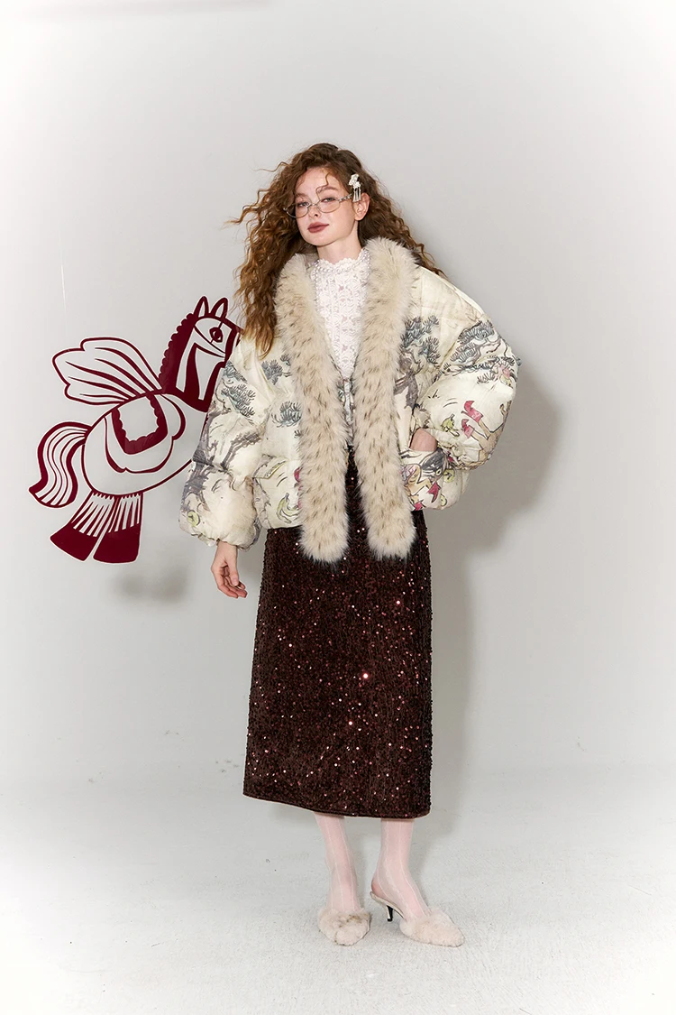 ELFSACK Women Puffer Down Jacket 2026 Winter Pony Print Fur Collar Lantern Sleeve New Oriental Style Casual Outerwear