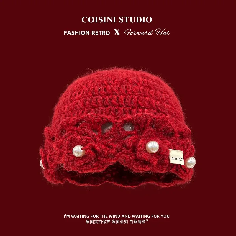 Women Handmade Crochet Beanie Hat Pearl Decor Floral Lace Knitted Hats Soft Warm Vintage Flower Skullcap Ladies Winter Caps