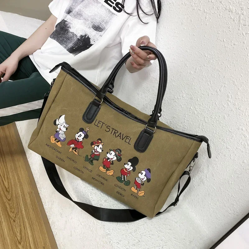 Disney-bolsa de viaje con estampado de dibujos animados para mujer, equipaje de viaje corto con estampado de Mickey, almacenamiento de artículos de