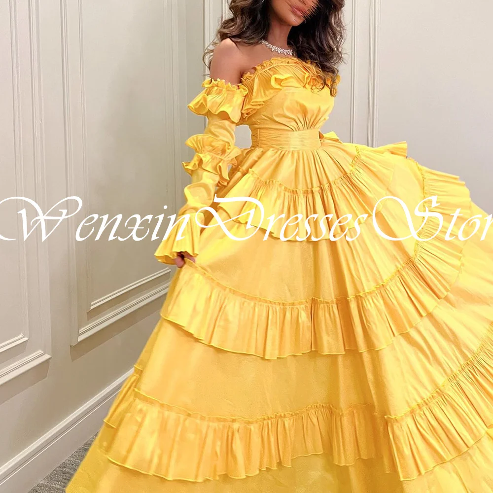 Elegant Party Dresses Woman 2024 Off The Shoulder Ruffles Empire Tiered A-Line Sashes Solid Yellow 4/3 Sleeve Bridesmaid Gowns