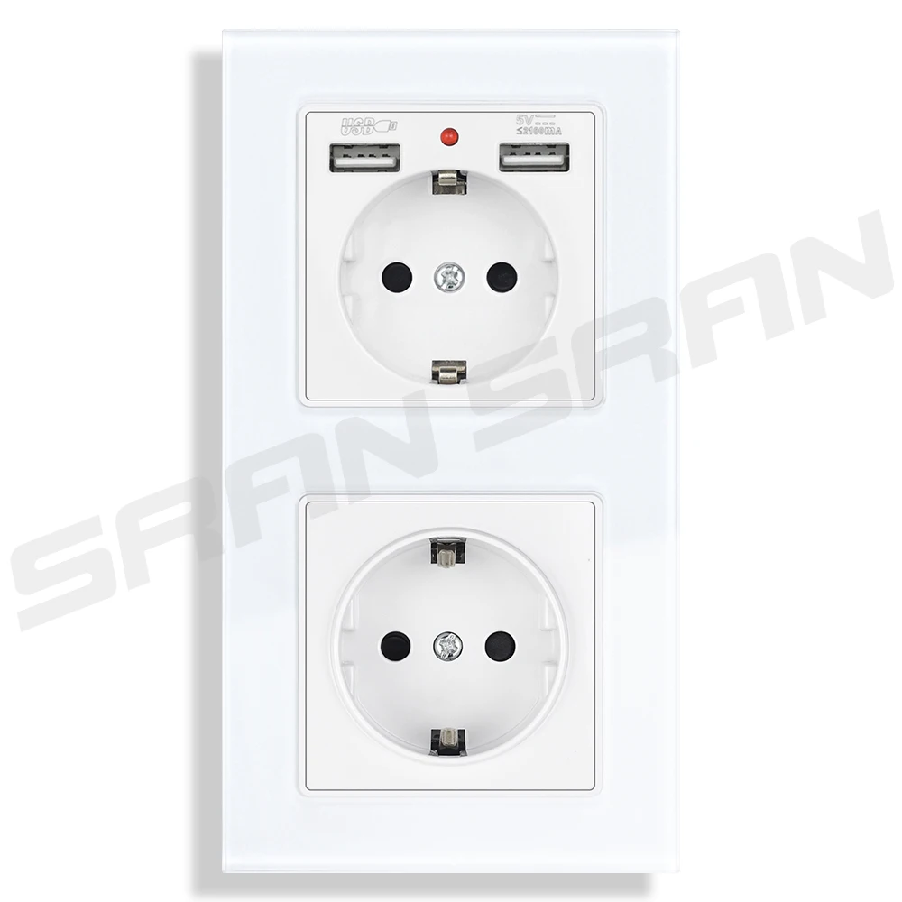 SRAN 5V 2A Usb Socket and Electrical Outlets for home EU RU ES Wall Socket 153*82mm Glass Panel Horizontal/Vertical Installation