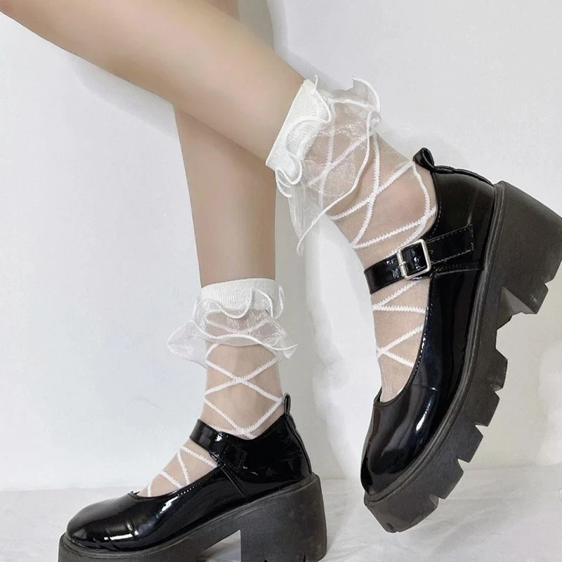 Women Kawaii Sheer Mesh Socks Sweet Lolita Style Cross Pattern Slouch Socks Transparent Tulle Socks