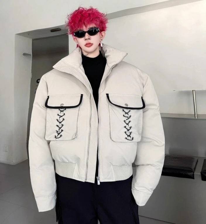 Men's 2025 Winter New Contrast Color Splicing Lace-up Tops Stand Collar Thickened Parkas High-end Large Pocket Decoration Coats