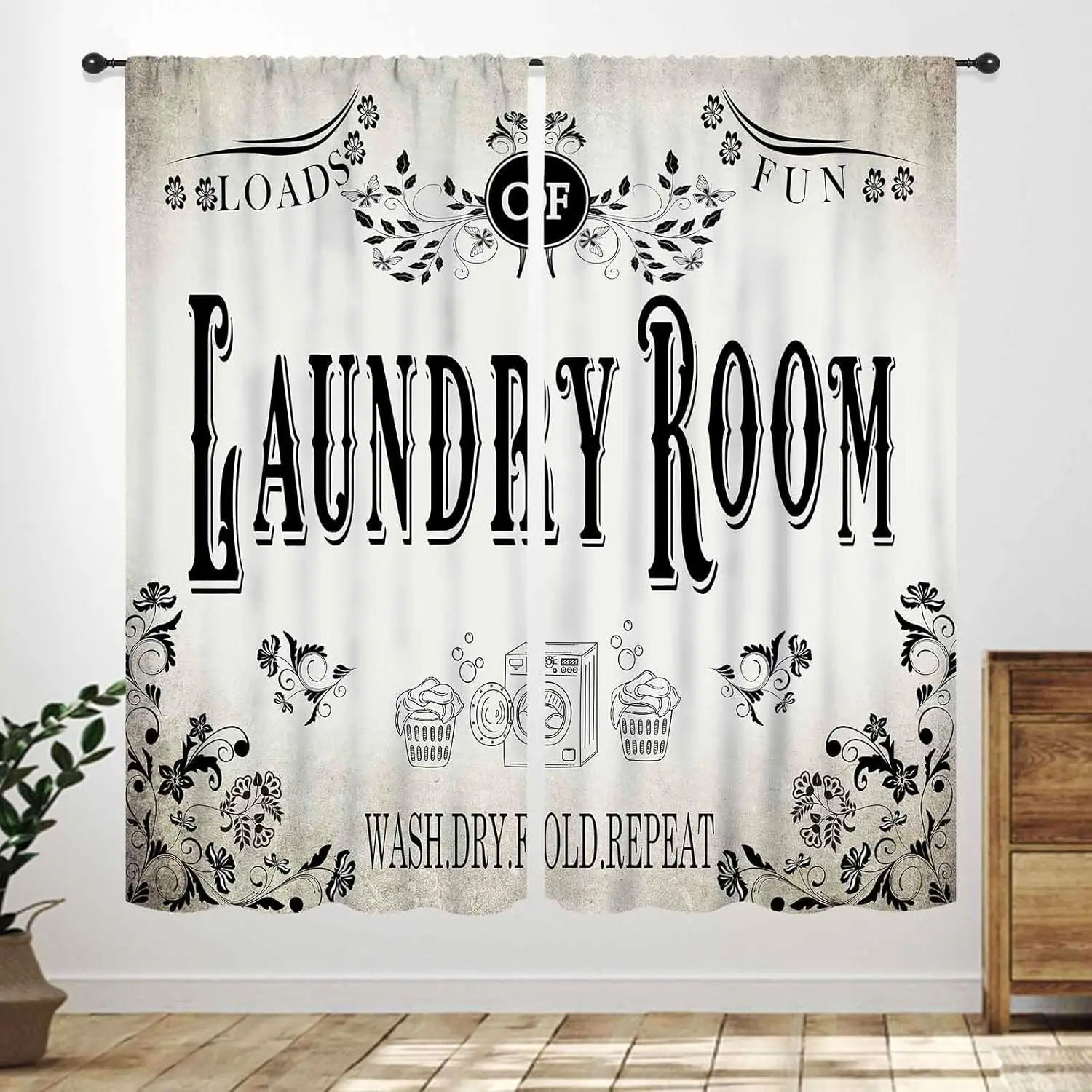 Laundry Room Curtains for Windows,Rustic Farmhouse Dry Wash Fold Repeat Country Vintage Brown Window Treatments Bedroom Living