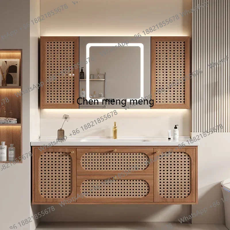 

Vine Woven Solid Wood Bathroom Cabinets with Ceramic Washbasin Bathroom Vanity Cabinet Sink Muebles De Baño Bathroom Furniture