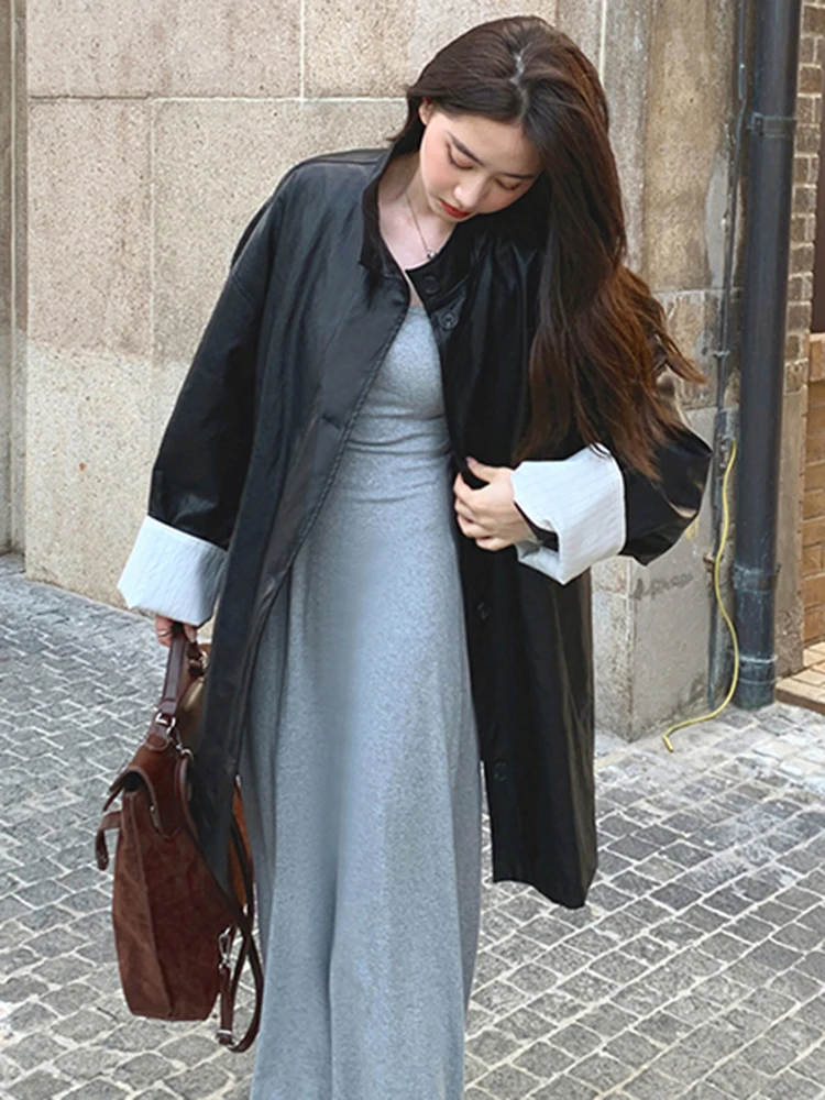 LANMREM, abrigo de longitud media de cuero negro a la moda para mujer, chaquetas holgadas con cuello levantado y una botonadura, Ropa nueva de otoño 2024 2VV1681