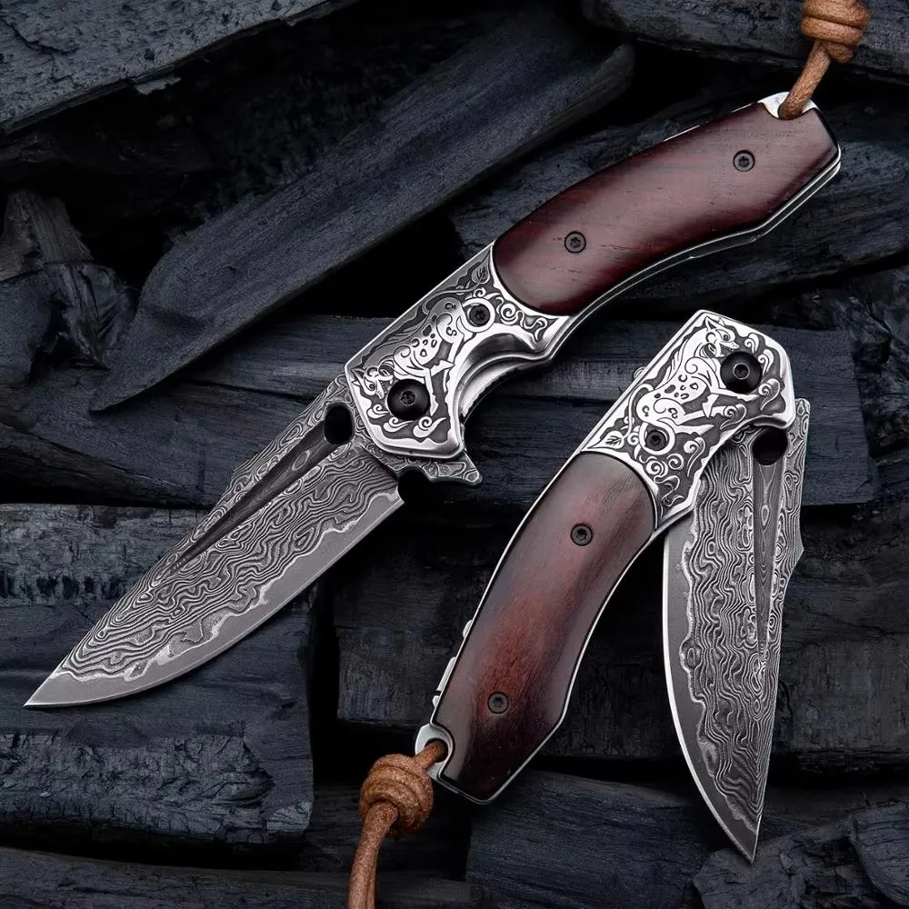 Handmade Pocket Folding Knife Japanese Damascus Steel Rosewood Handle Leather Sheath Knives For Men Hunting Camping Self Defense