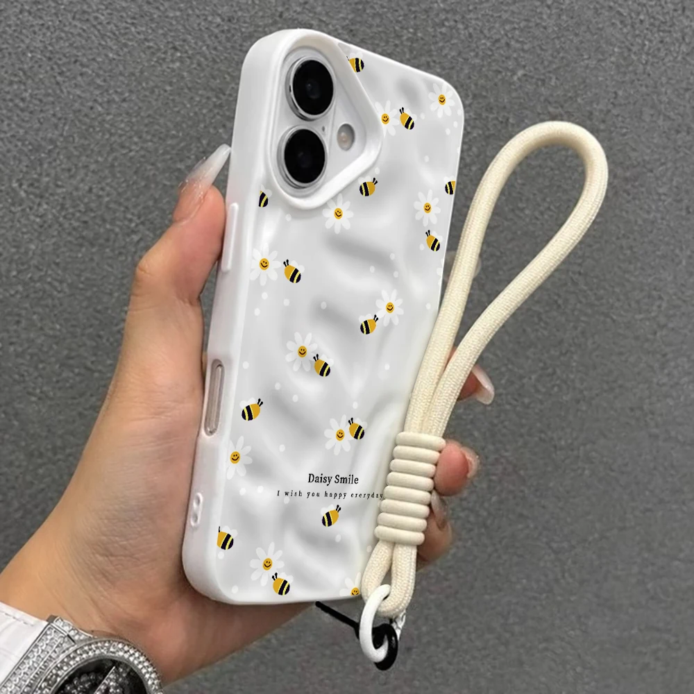 Fashion Bee Daisy Falten-Silikon-Handyhülle für iPhone 17 15 13 11 12 14 16 17 Pro Max 14 15 16 Plus 17Air mit Lanyard-Abdeckung – Detail 6