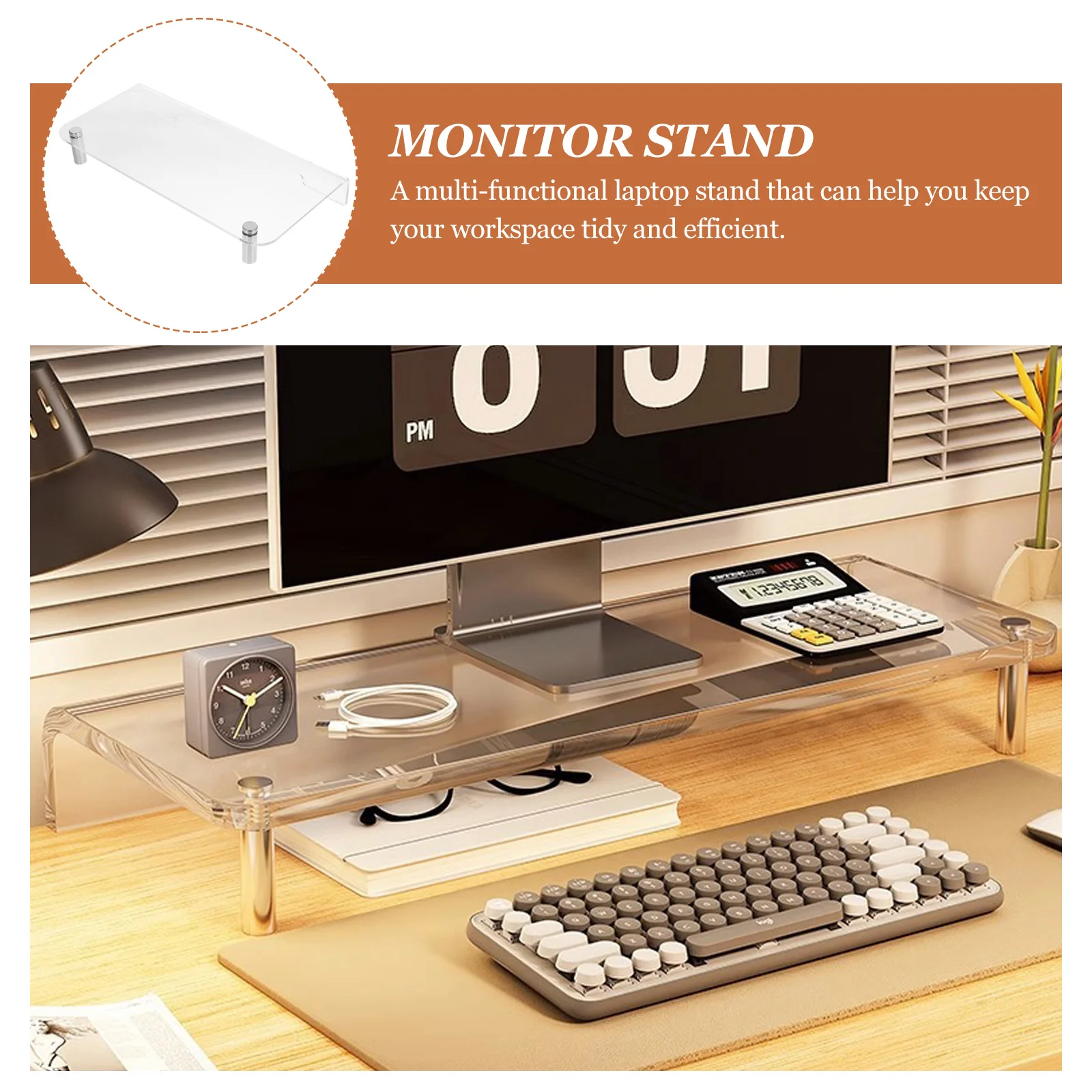

Desktop Monitor Riser 12Cm Height Laptop Stand For Office Acrylic Steel Base Multi-Functional Desk Shelf Storage Holder