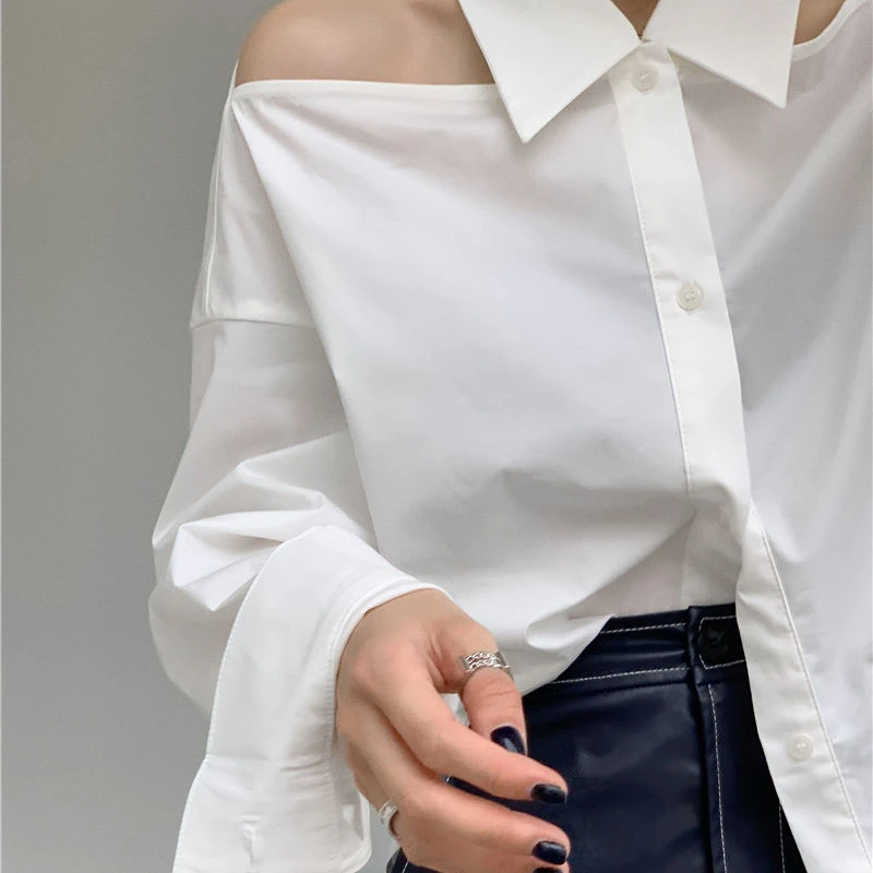 White Shirts Women Off-shoulder Long Sleeve Halter Korean Fashion Designed Y2k Tops Camisas Loose All-match Elegant Blusas Mujer