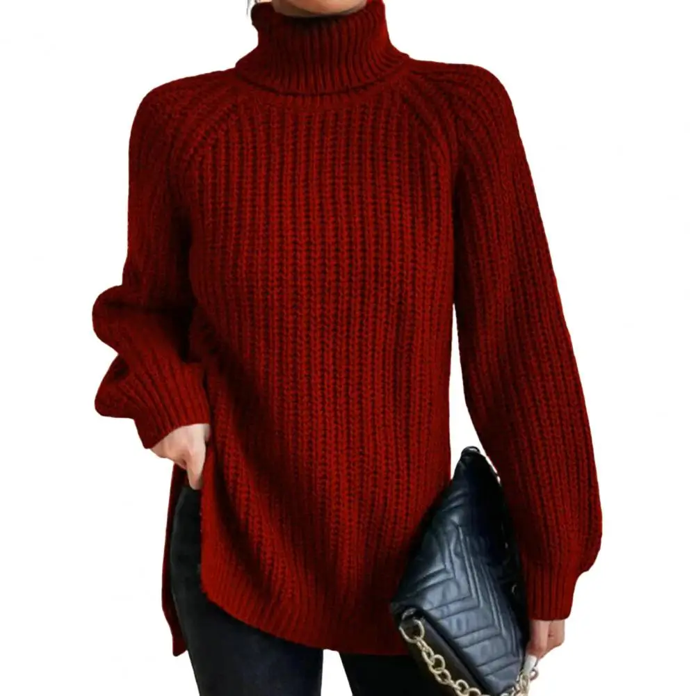 

Sweater Turtleneck Raglan Long Sleeves Side Split Hem Women Sweater Winter Solid Color Loose Warm Sweater Knitted Jumper Female