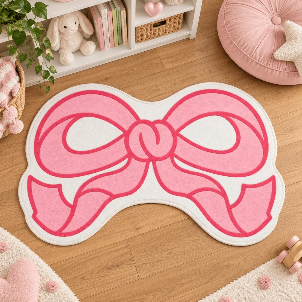 Pink Bow Shaped Area Rug Soft Flannel Non Slip Floor Mat For Girls Bedroom Nursery Dressing Room Playroom Home Decor Gift