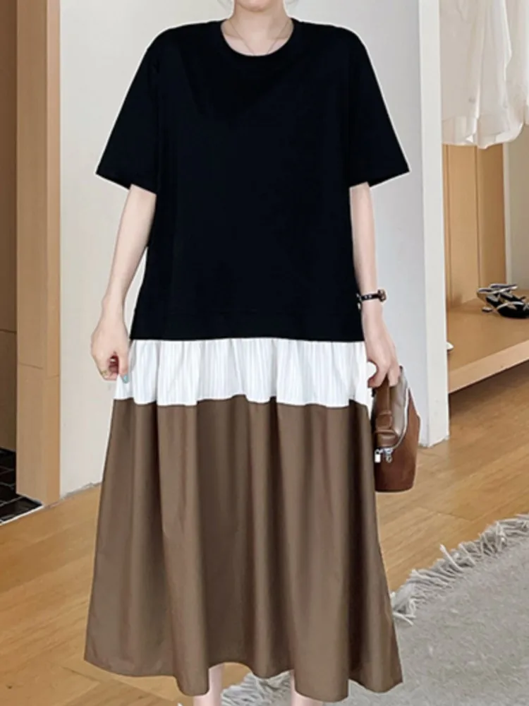Summer Plus Size Short Sleeve Patchwork Dress Women Korean Loose Striped Ladies Dresses Vestidos
