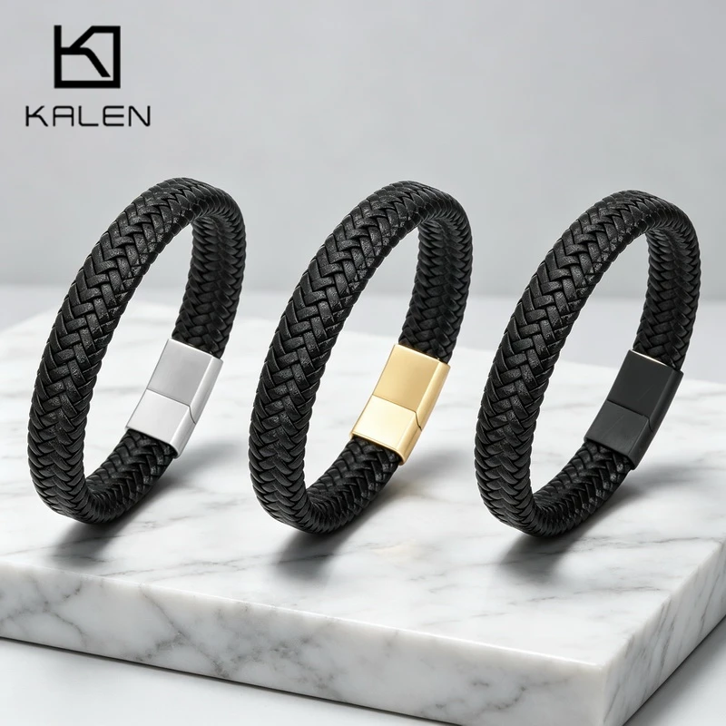 Kalen 12mm Vintage Braided Leather Bracelet for Men Brushed Metal Biker Jewelry Rock Stainless Steel Bangle Chunky Gifts