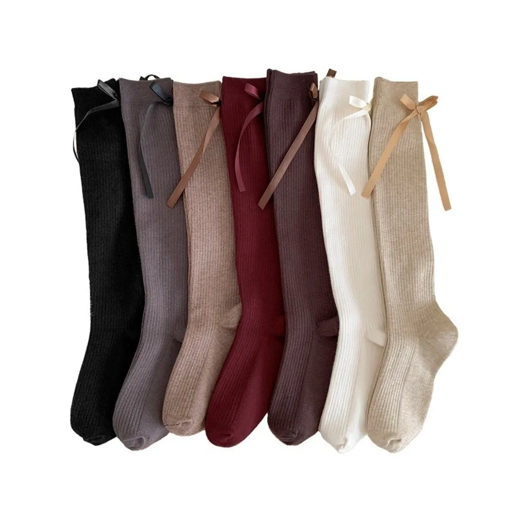 New Solid Color Lolita Bow ribbon Socks Thicken Winter Warm Knitted Leg Warmers Breathable Knee High Boot Stockings