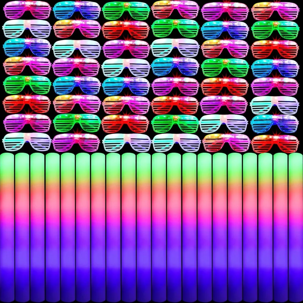 

72 Pcs Light Up Glasses and Glow Sticks, Glow in The Dark Sunglasses Foam Sticks Shutter Shades Glasses LED Foam Stick