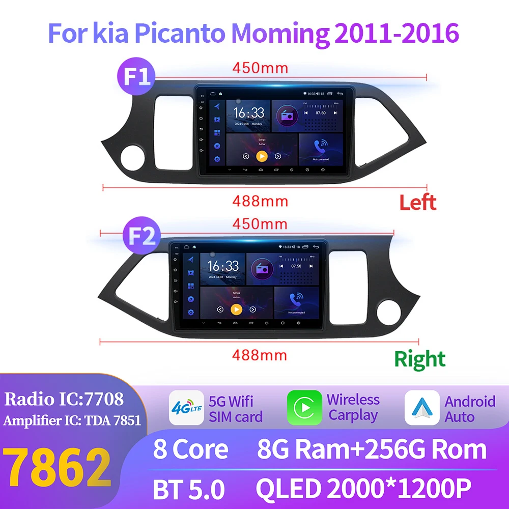 

For Kia Morning 2 Picanto 2011-2016 Car Radio Wireless CarPlay Android 14 GPS Navigation Multimedia System 2K QLED Screen