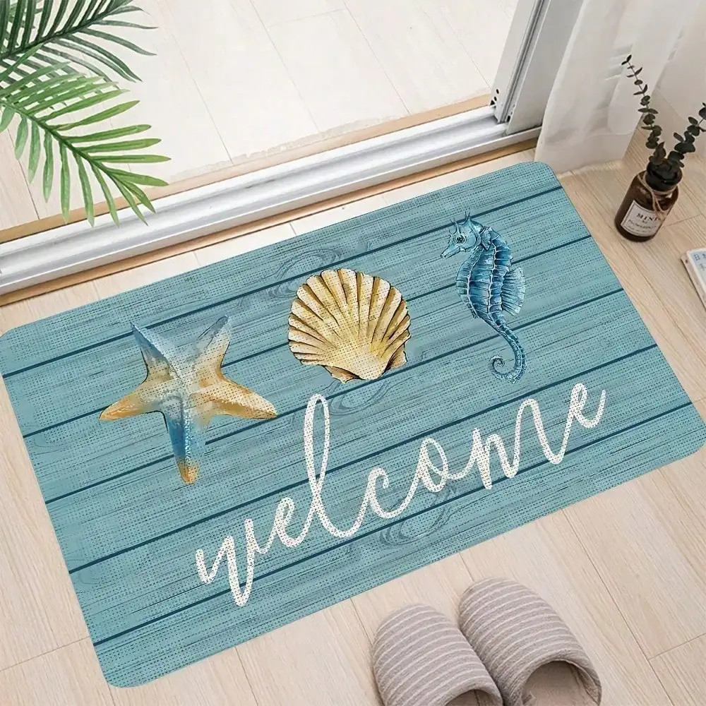 

1pc Coastal Welcome Doormat Beach Floor Mat Non-Slip Absorbent Bathroom Rug Starfish Seashell Ocean Mat Indoor Outdoor Decor