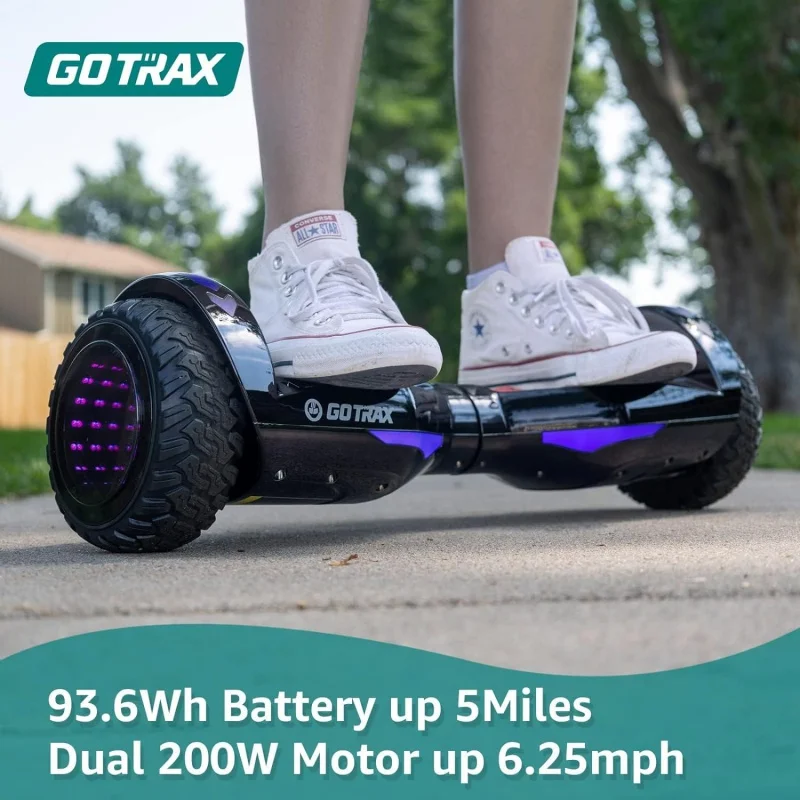 Gotrax Hoverboard with 6.5" LED Solid/Offroad Tires, Max 5/6 Miles Range, 6.2mph Power by Dual Brushless Motor, UL2272 Certified