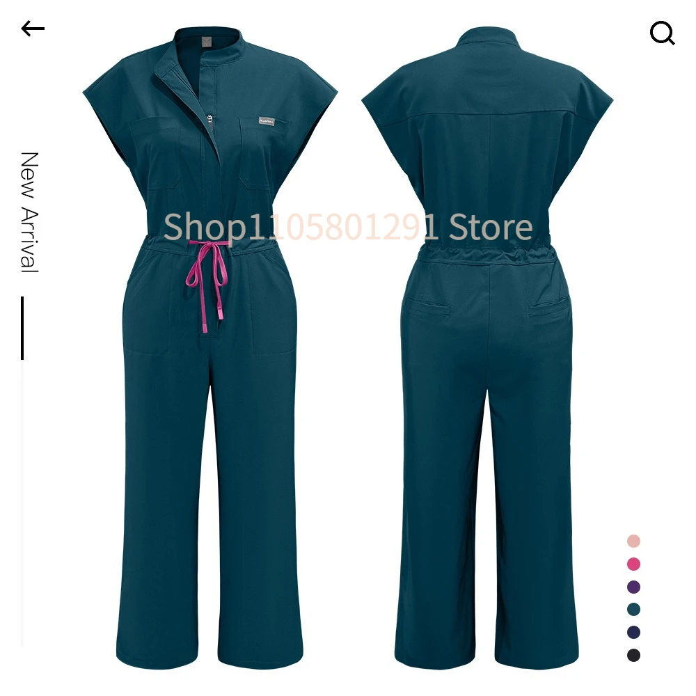 Dentist Clinical Overalls Surgical Uniforms Woman Hospital Nursing Jumpsuit, Drawstring Waist Multi‑Pocket One‑Piece Jumpsuit