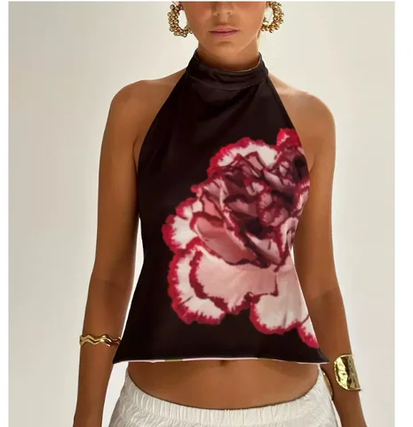 Top da donna con scollo all'americana senza maniche, senza schienale, pois/stampa floreale, gilet estivo, morbido e confortevole, per le vacanze in club di appuntamenti