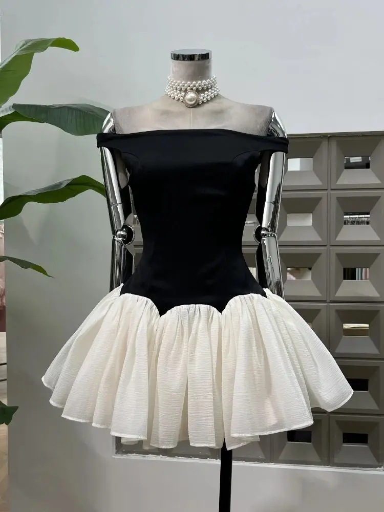 

2025 Summer Patchwork Boat Neck Elegant A line Short Dress Sexy Evening Party Luxury High End Banquet Birthday Women's Dresses