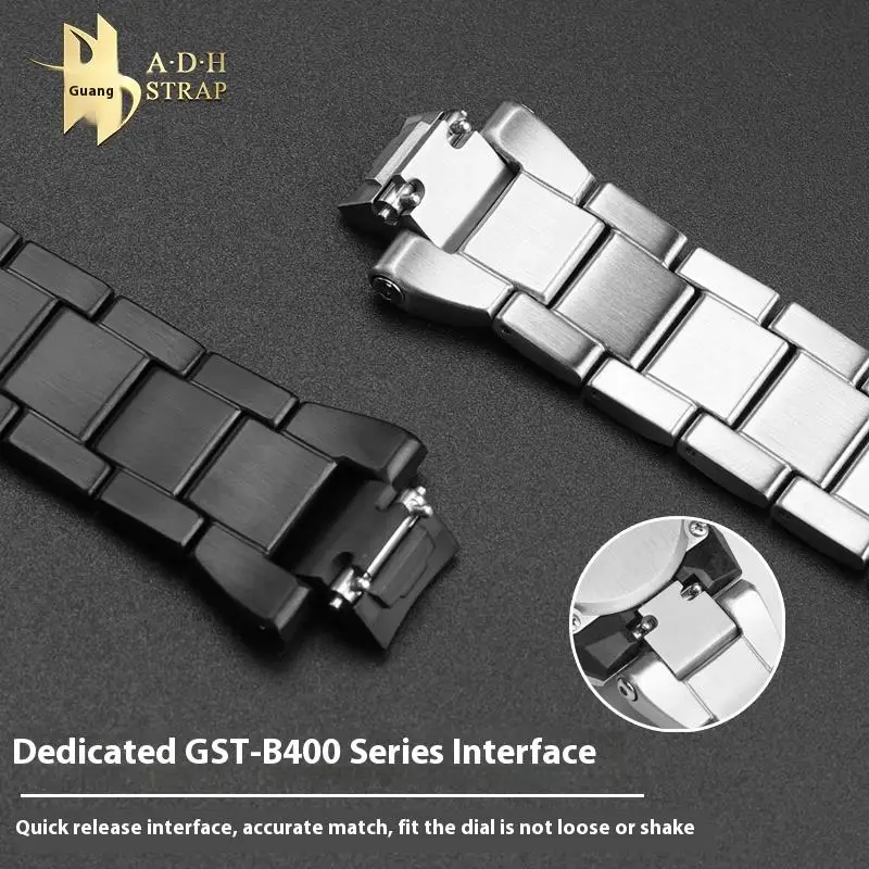 ADH untuk Casio Steel Heart 4th GST-B400 Tali Jam Tangan Baja Tahan Karat Padat B400 Gelang Logam Tahan Air Sabuk Rilis Cepat Pria