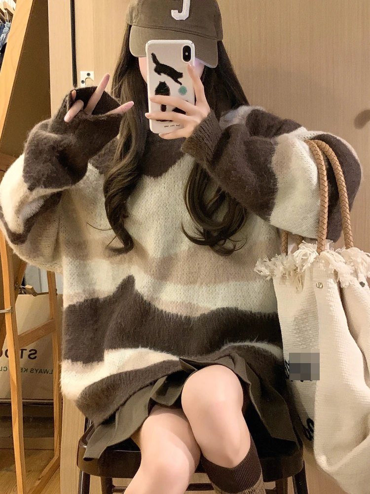 

Lazy Sle Color Blo Fufu Sweater Women's Autumn Winter Loose Soft Sweet Striped Knitted Top Comfortable Warm Long Sve r...
