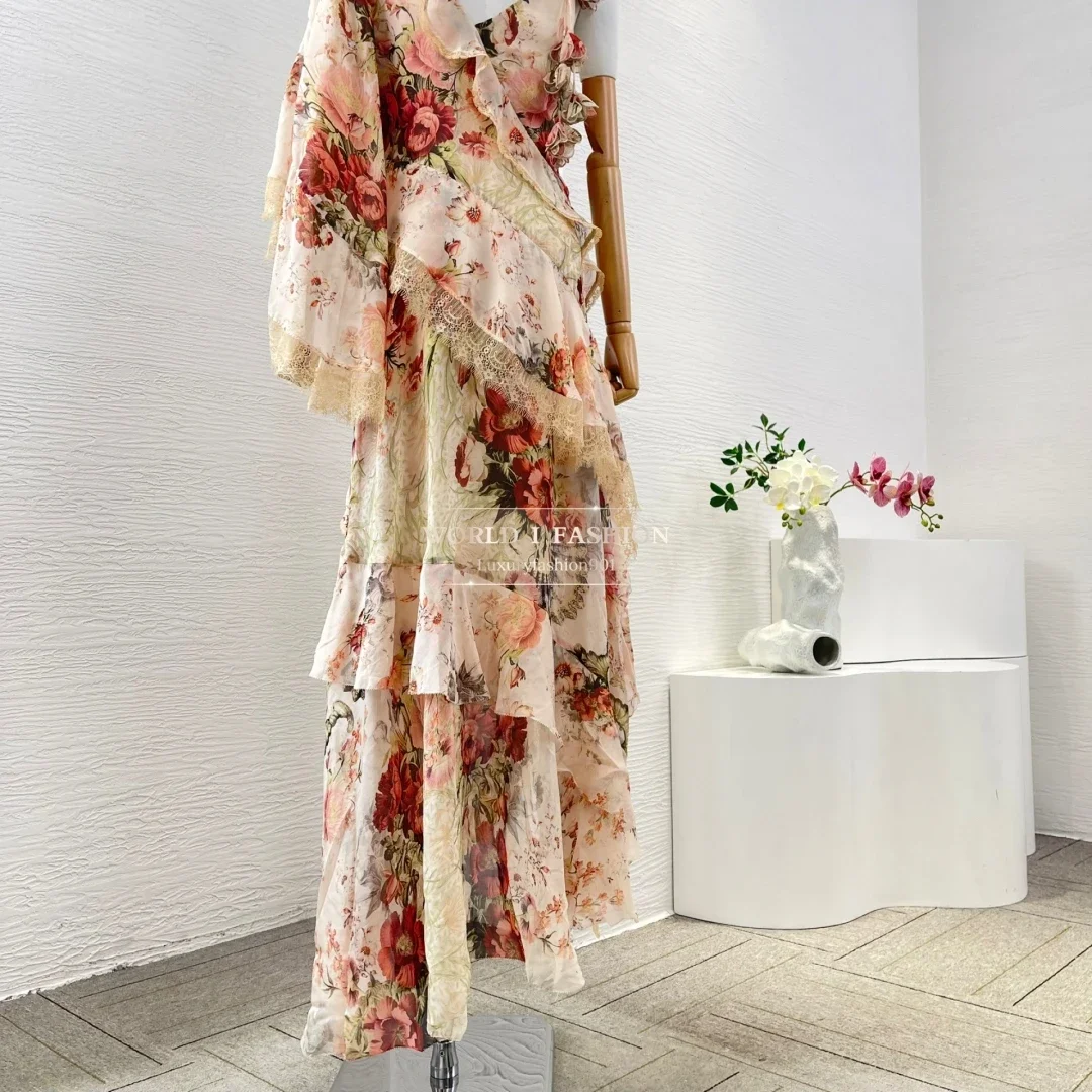 Red Beige Rose Flowers Print Long Unilateral Sleeve Ruffles Irregular Hem Flowers Appliqued Midi Dress High Quality Silk 2025