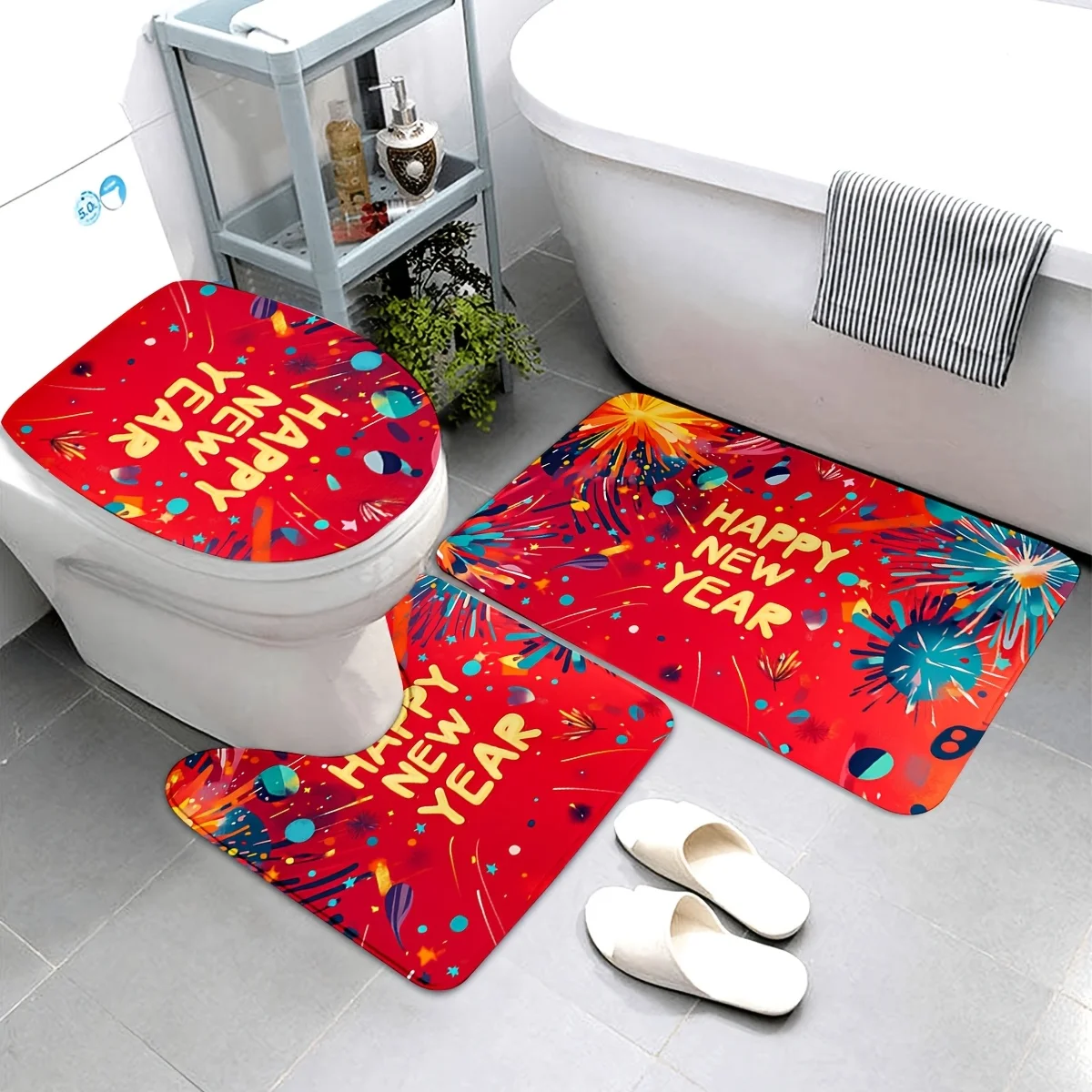 

3pcs Happy New Year printed bathroom mat set-non-slip, machine washable, high-quality flannel, U-shaped design