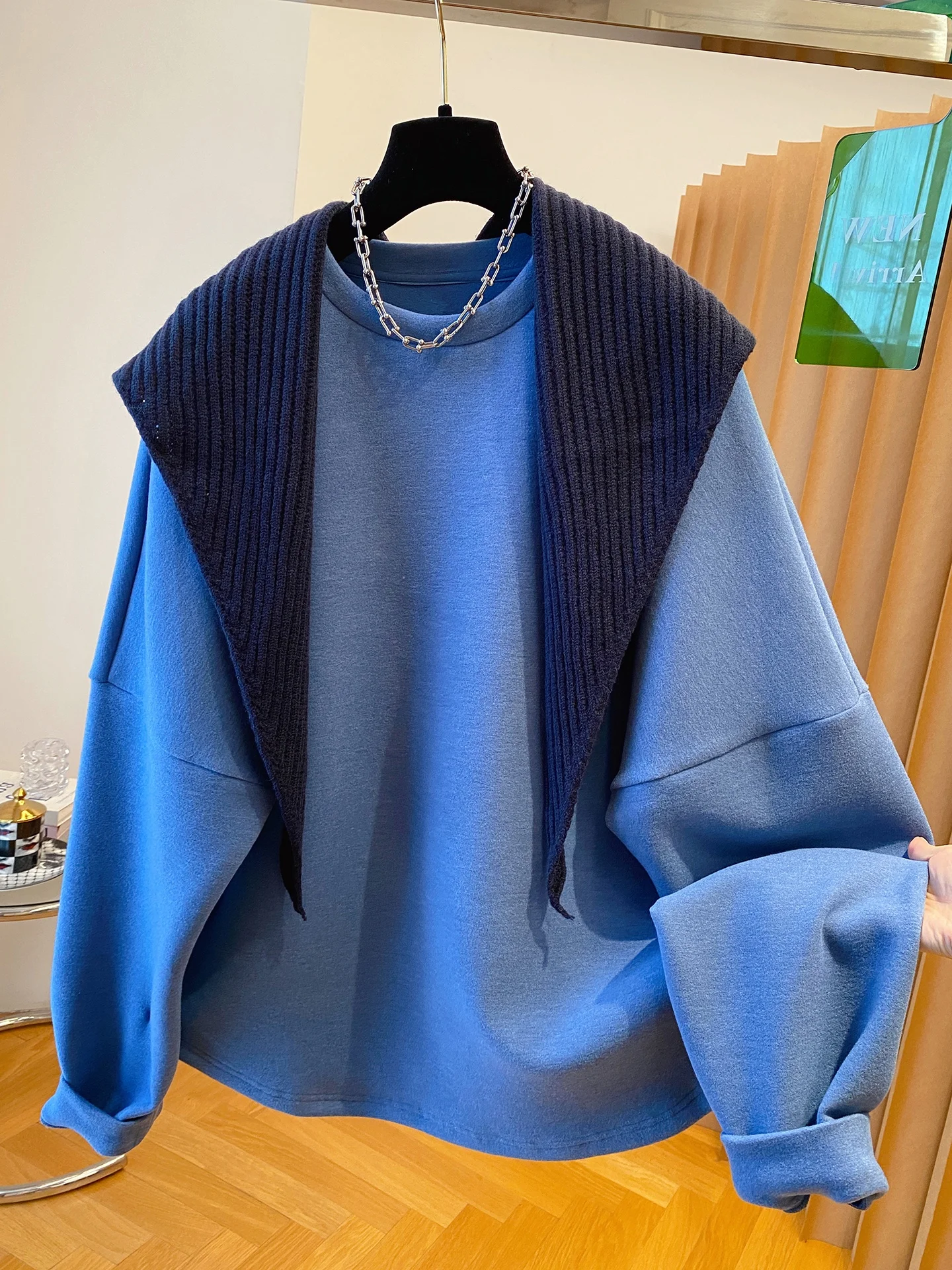 

Retro Knitted Wrap Shoulder Long Sleeve round Neck Sweatshirt Women Loose Slimming Top Spring Autumn Fashion Casual Style