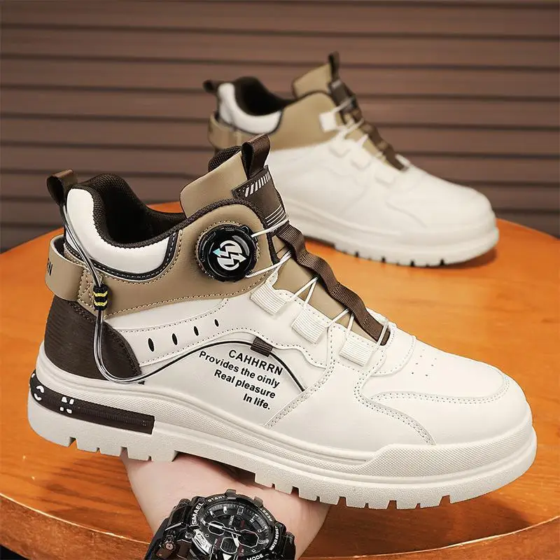 

Мужские ботинки, ботинки с вращающимися пуговицами, новинка 2025, уличная обувь с высоким берцем, износостойкие походные ботинки на платформе, рабочие мужские ботильоны Botas