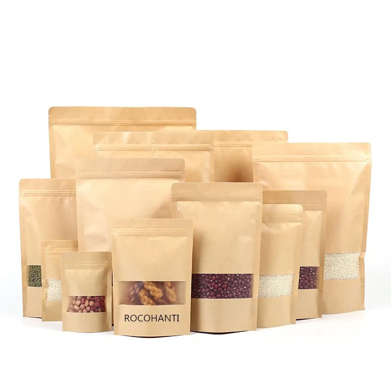 100pcs High Quality Packing 2 Layer Brown pouch food grade Stand Up Kraft Paper Bag With Clear Window