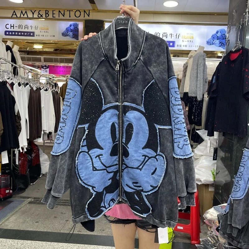 

2025 Winter New Loose Casual Mid-Length Cartoon Coat Fleece Stand Collar Vintage Sweatshirt Jacket Zipper Long-sleeves Sudaderas