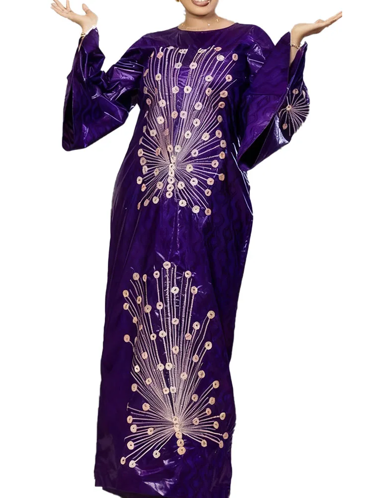 

2025 New Purple Bazin Riche Dashiki Maxi Dress for Women, African Wedding Party Long Gown, Traditional Ceremony Attire