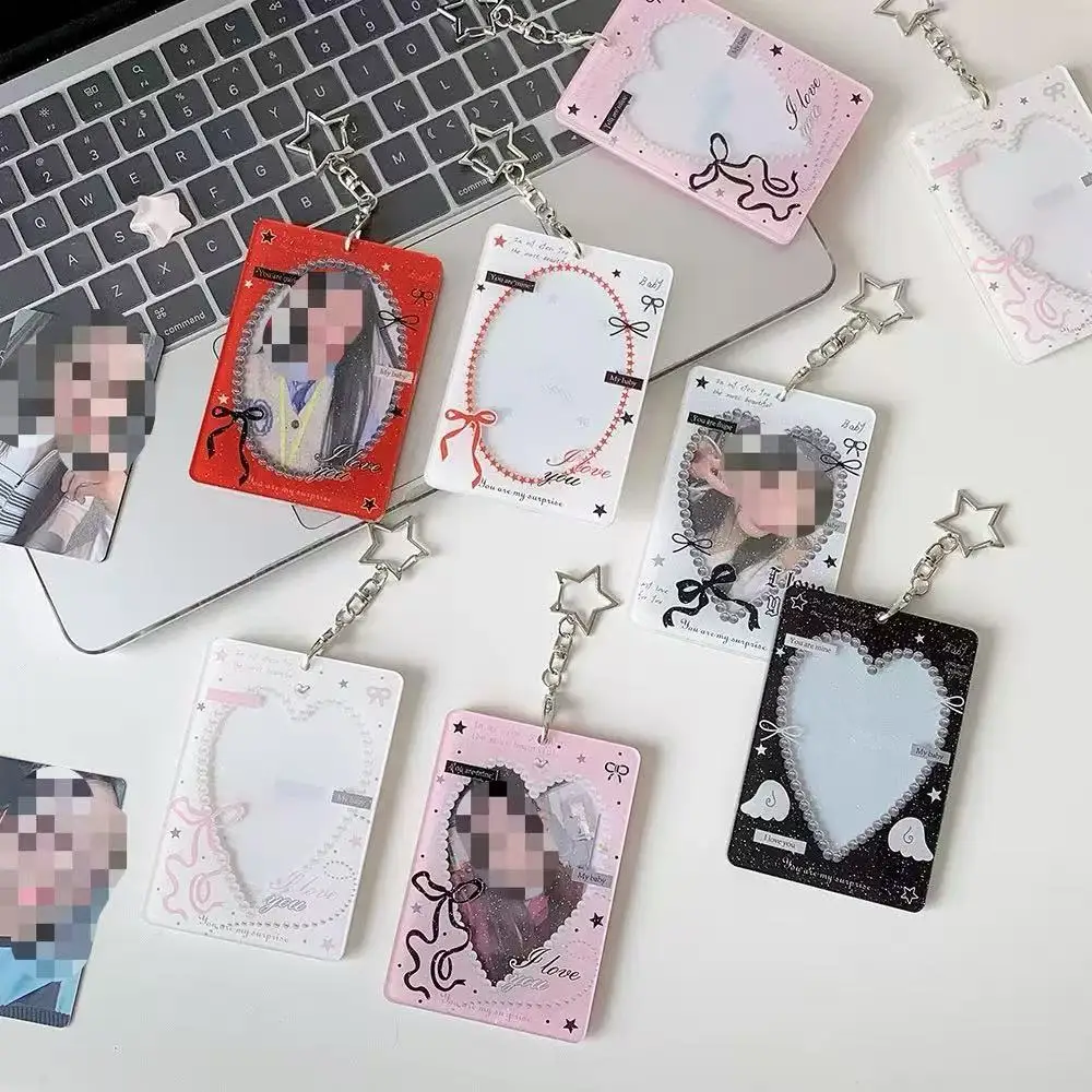 1-2pcs INS Fashion Hollow Heart 3in Card Holder Cute Girls Idol Photo Storage Card Bag Decoration Student Pendant Keychain Gifts image 2