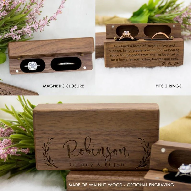 Q0KE Ring Box for Wedding Ceremony Wooden Double Ring Bearer Holder for Wedding Engagement Jewelry Boxes Walnut Holder